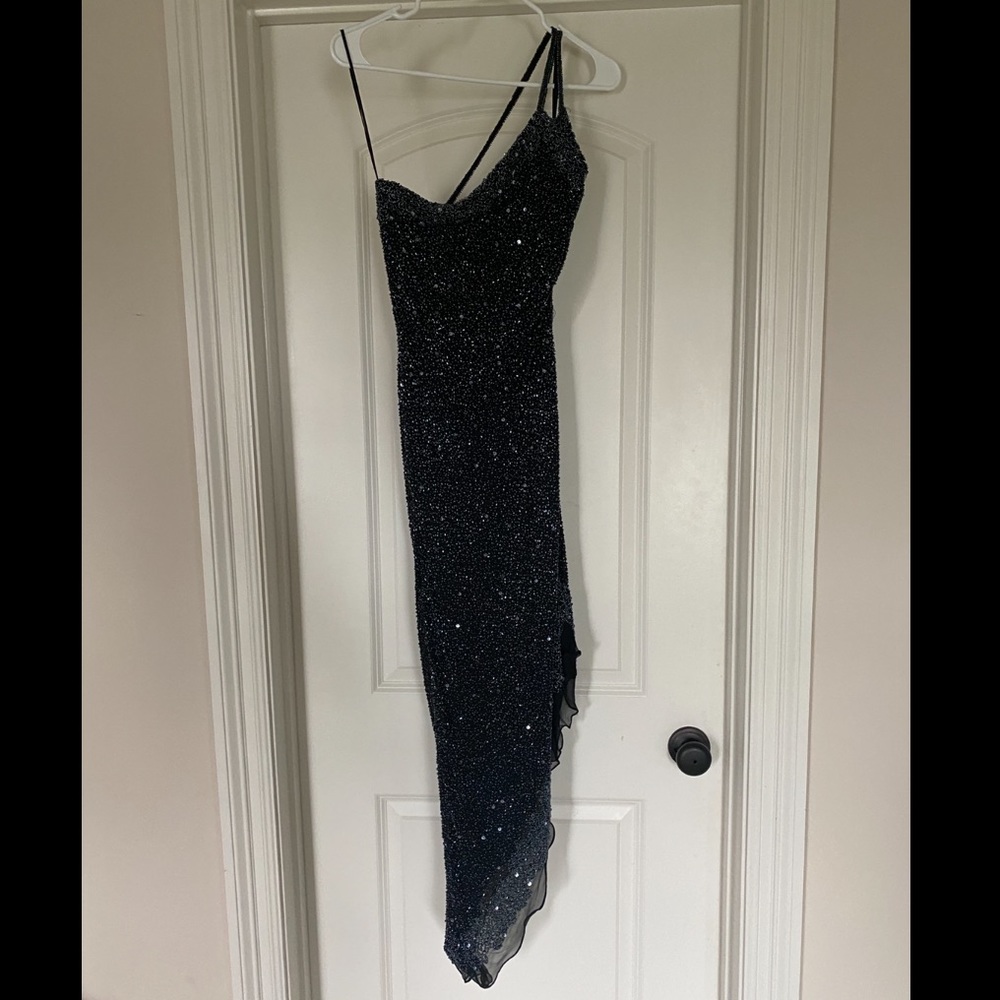 Scala navy beaded bodycon asymmetrical dress, size small, great condition